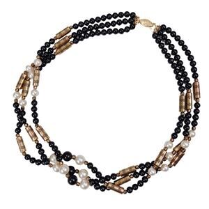 VTG 1950s Multi-Strand Glass Black Bead, Faux Pearl 21" Necklace Gold-Tone Clasp